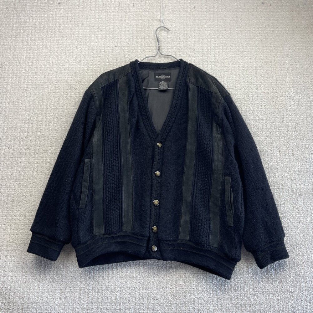 VTG Premiere Collection Knit Cardigan Jacket Dark Academia Leather Trim  Sz M